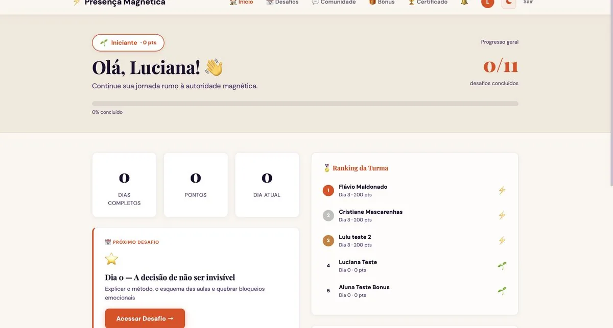Tela inicial do app com saudação e progresso